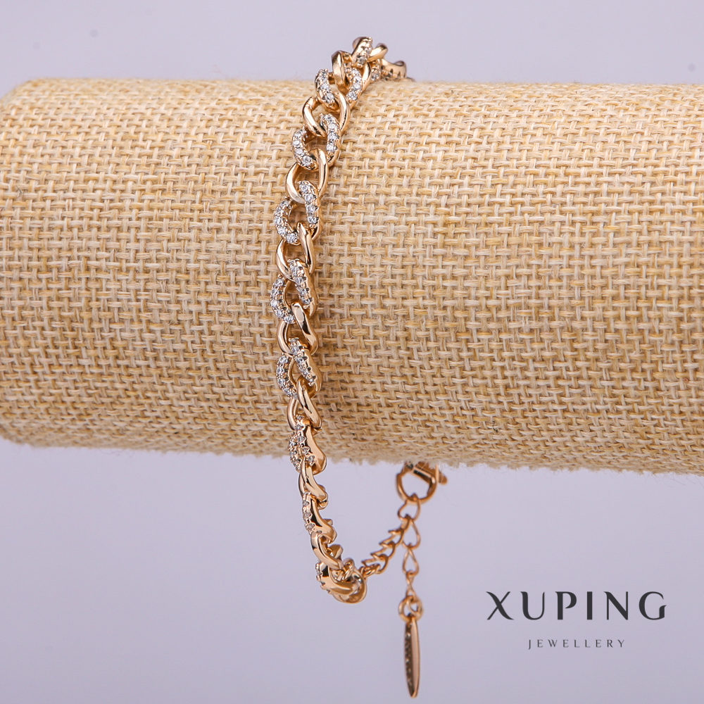 Xuping Bracelet with White Stones, 9 mm Thickness, 18–20 cm Length, Gold-Plated with Extension Chain