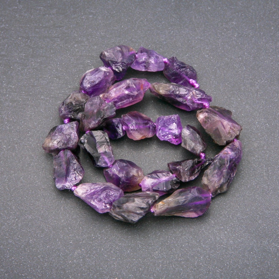 Unpolished Amethyst Beads - Blank on Beading Thread, Diameter 15x23 mm (+/-), Length 42 cm