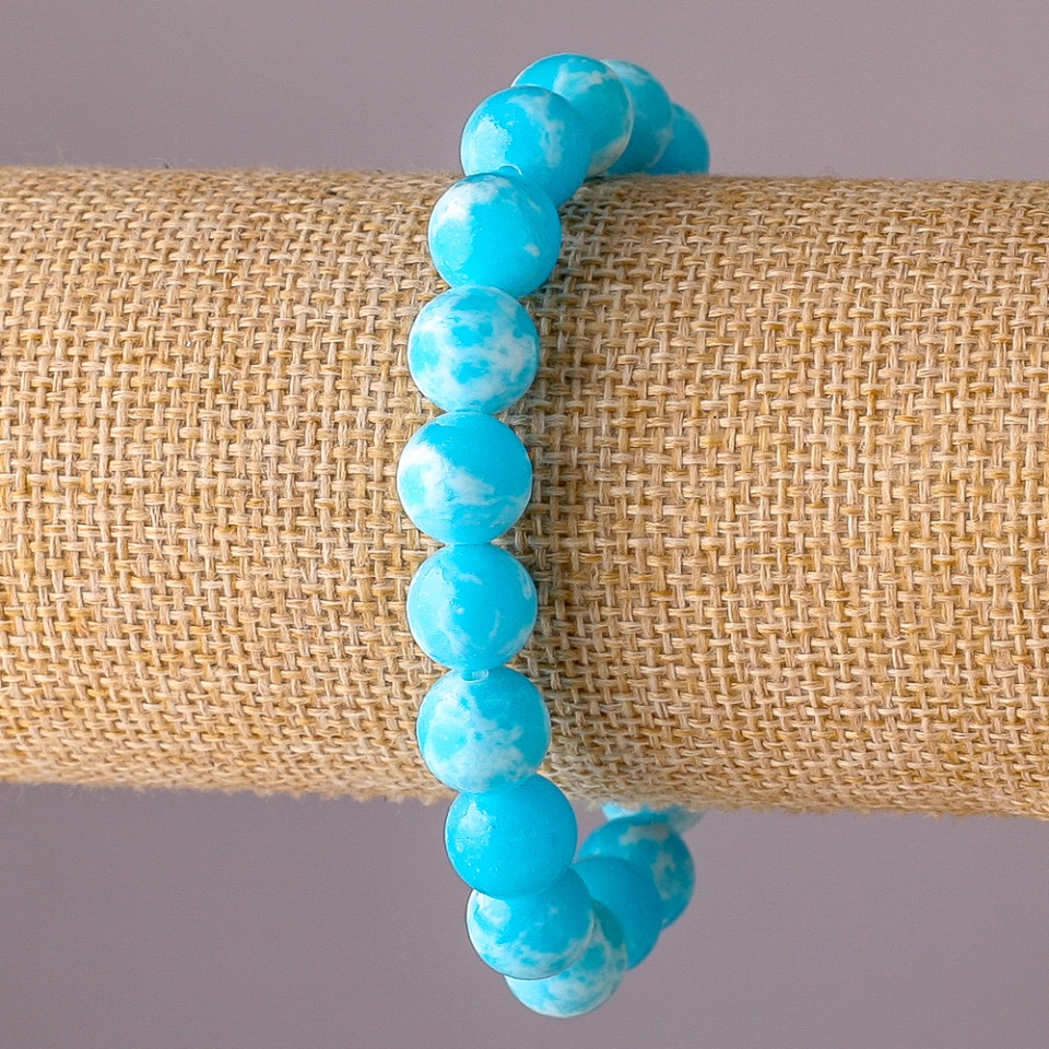 Synthetic Larimar Bracelet with Acrylic Beads on Elastic Cord, Smooth Beads, 10 mm Diameter, 18 cm Circumference