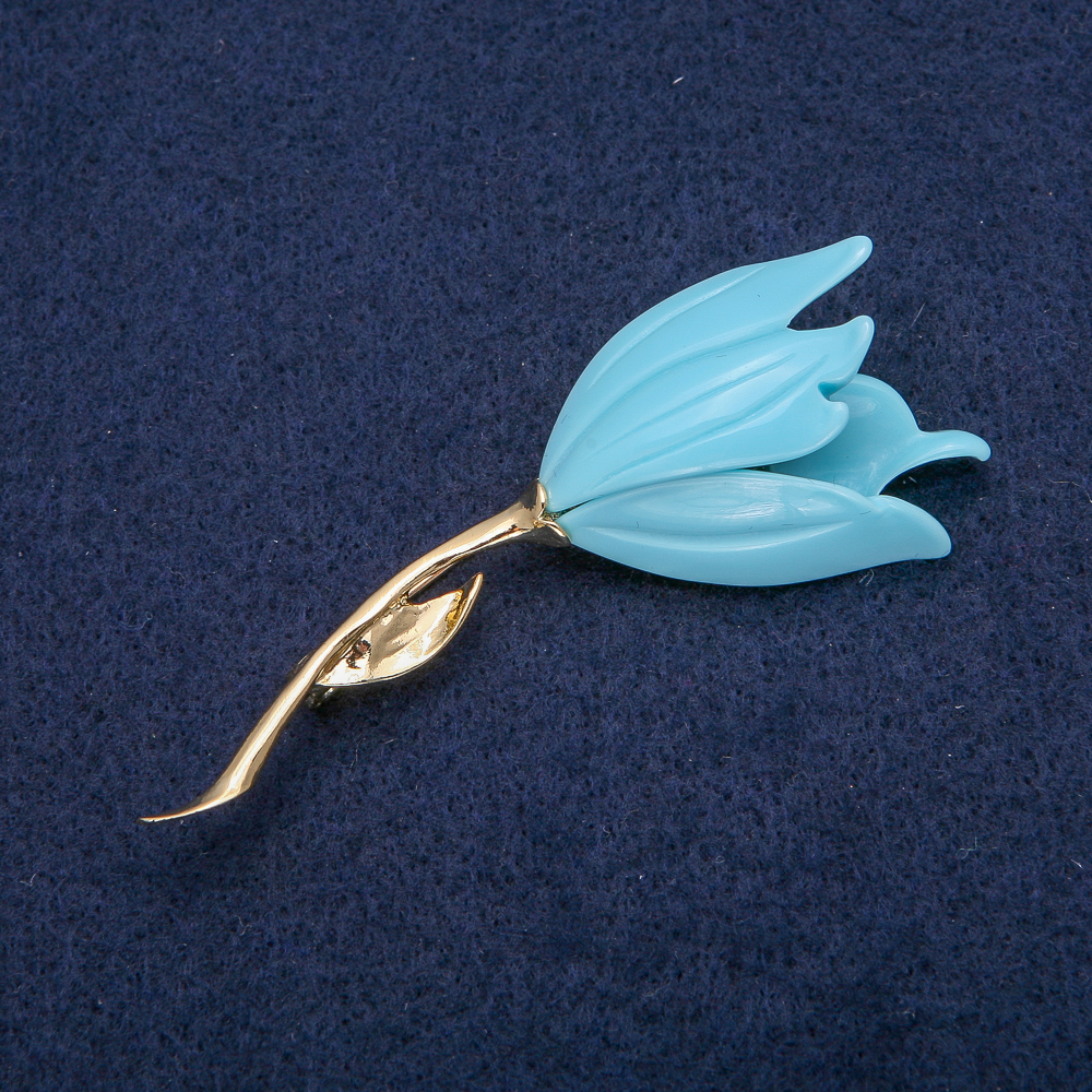 Flower Brooch with Blue Enamel, Golden Metal 30x72mm