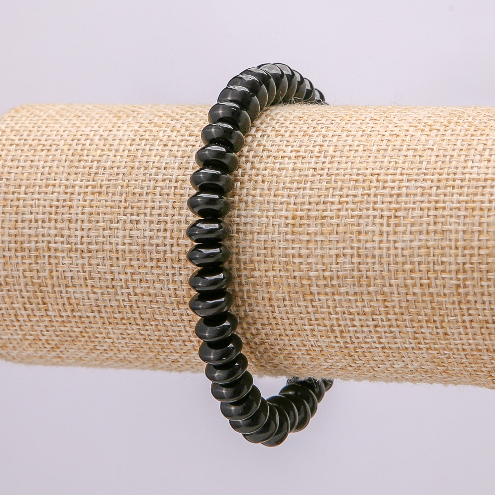 Black Agate Bracelet, natural stone, smooth roundels, 8x5 mm diameter, length 18 cm +/- (stretch)