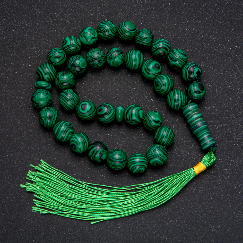 Natural malachite mala beads, 33 beads, smooth round beads, 12 mm diameter, malachite inlay