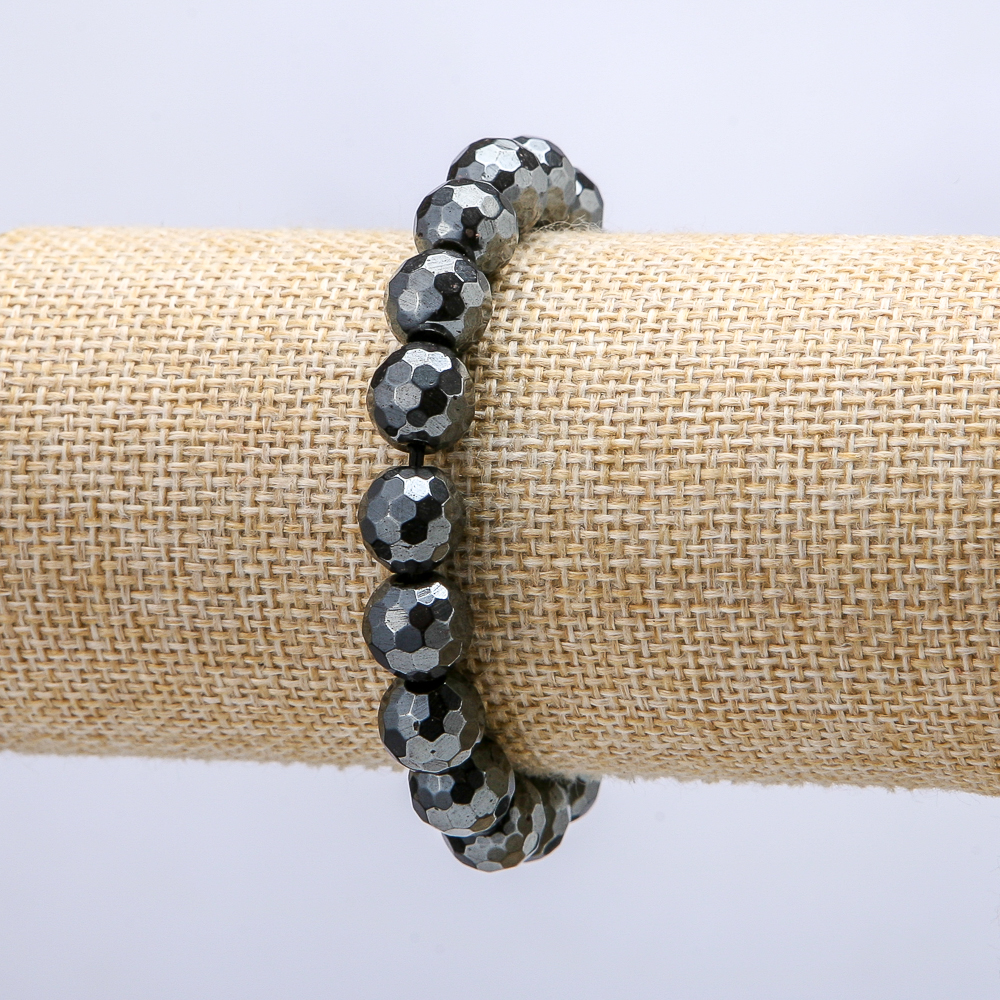 Elastic bracelet with faceted hematite beads, 10 mm diameter+