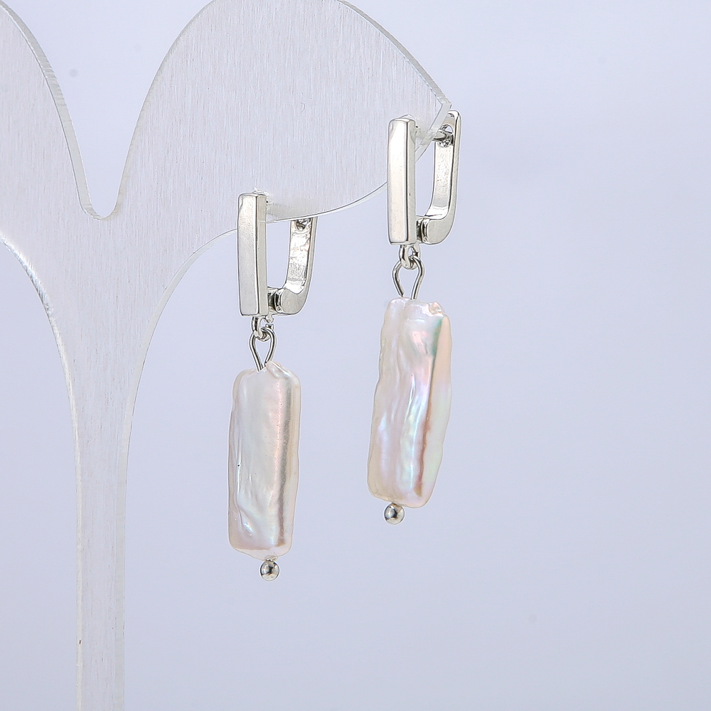 Earrings with natural baroque pearls, 17x10 mm diameter, 37 mm length +/- with petrol tint