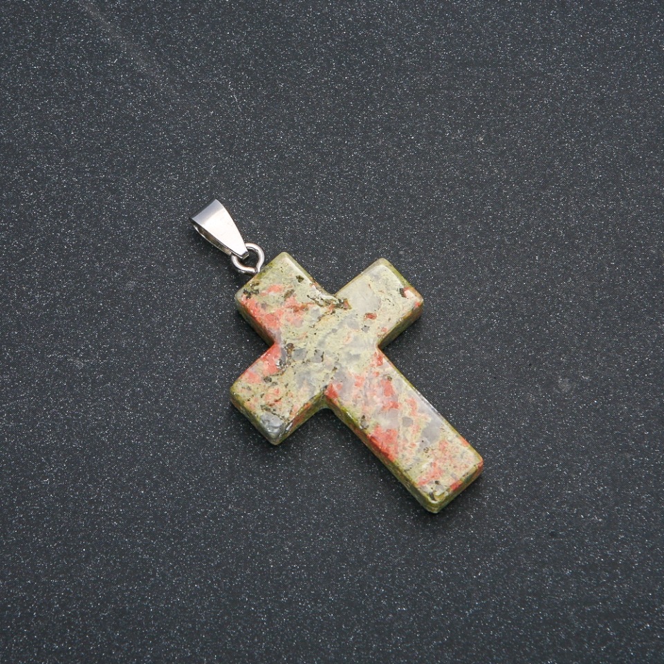 Pendant "Cross" from heliotrope unakite 50x28mm +