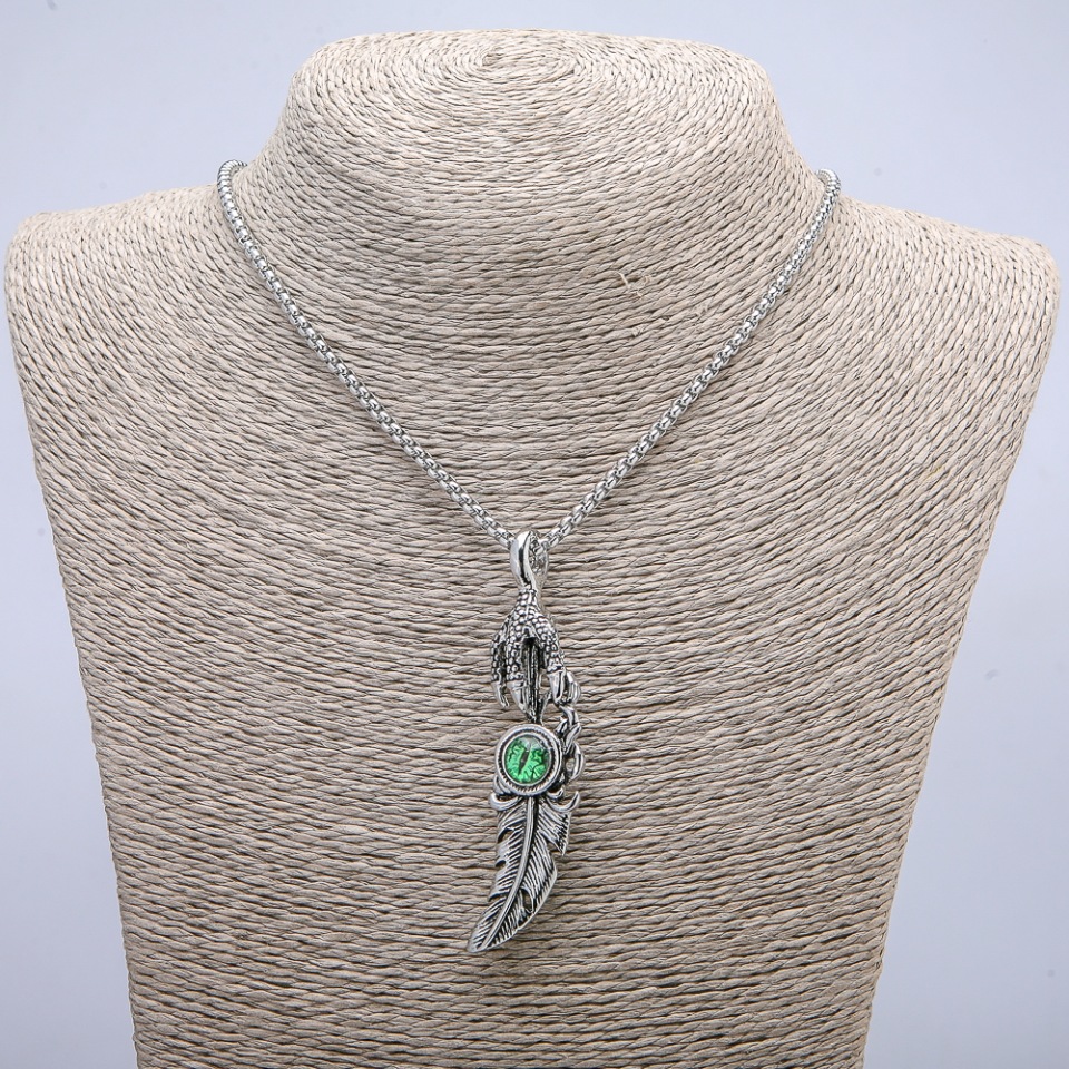 Pendant 'Paw with Feather Dragon's Eye' 70×20 mm on a chain, chain length 70 cm, silver metal