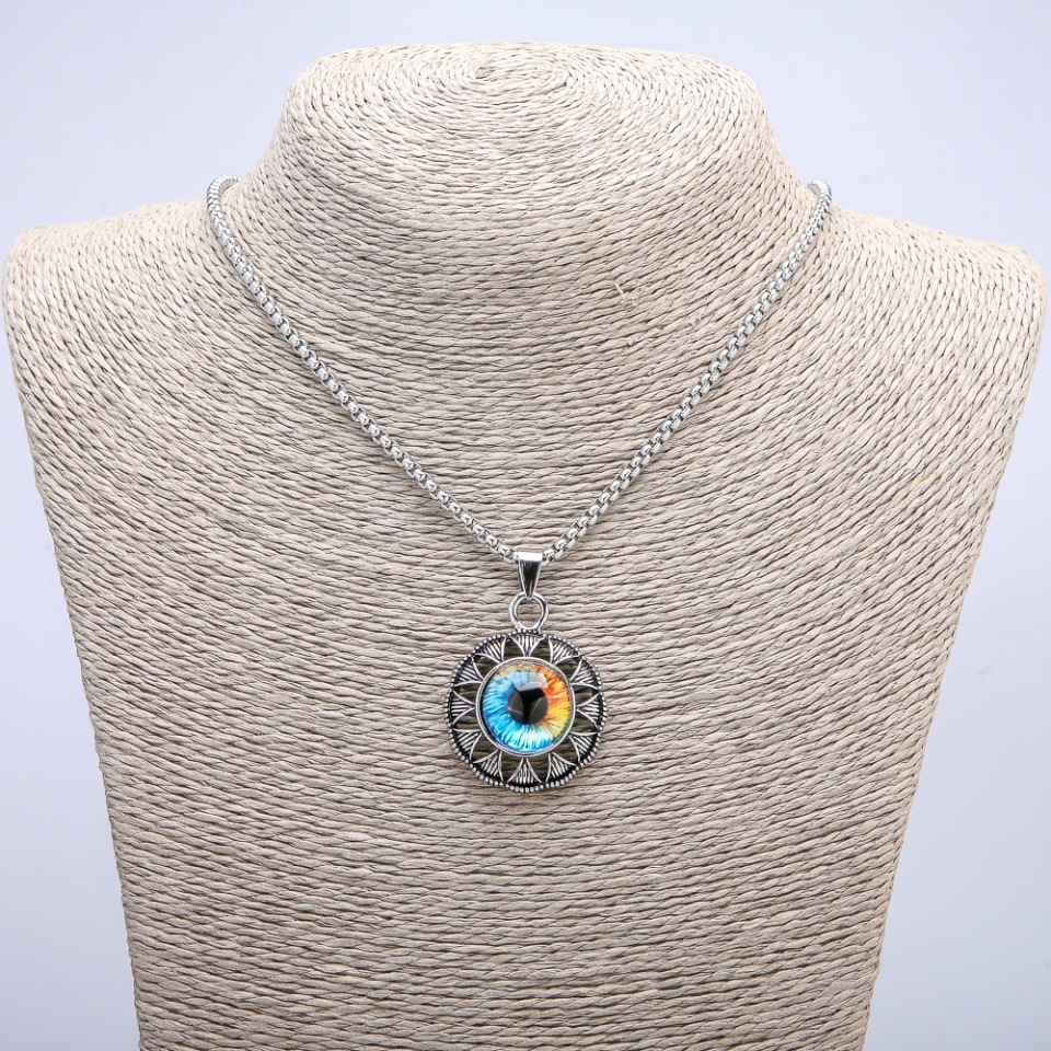 Eye Pendant in Bezel Setting 42×30 mm on Chain, 70 cm Length, Silvery Metal