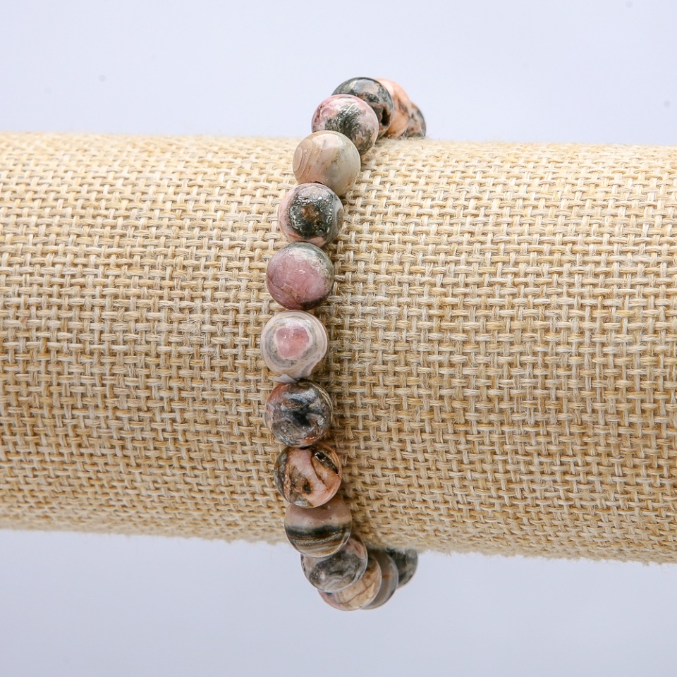 Rhodochrosite Elastic Bracelet with Smooth Beads, 8 mm Diameter, 18 cm Length +