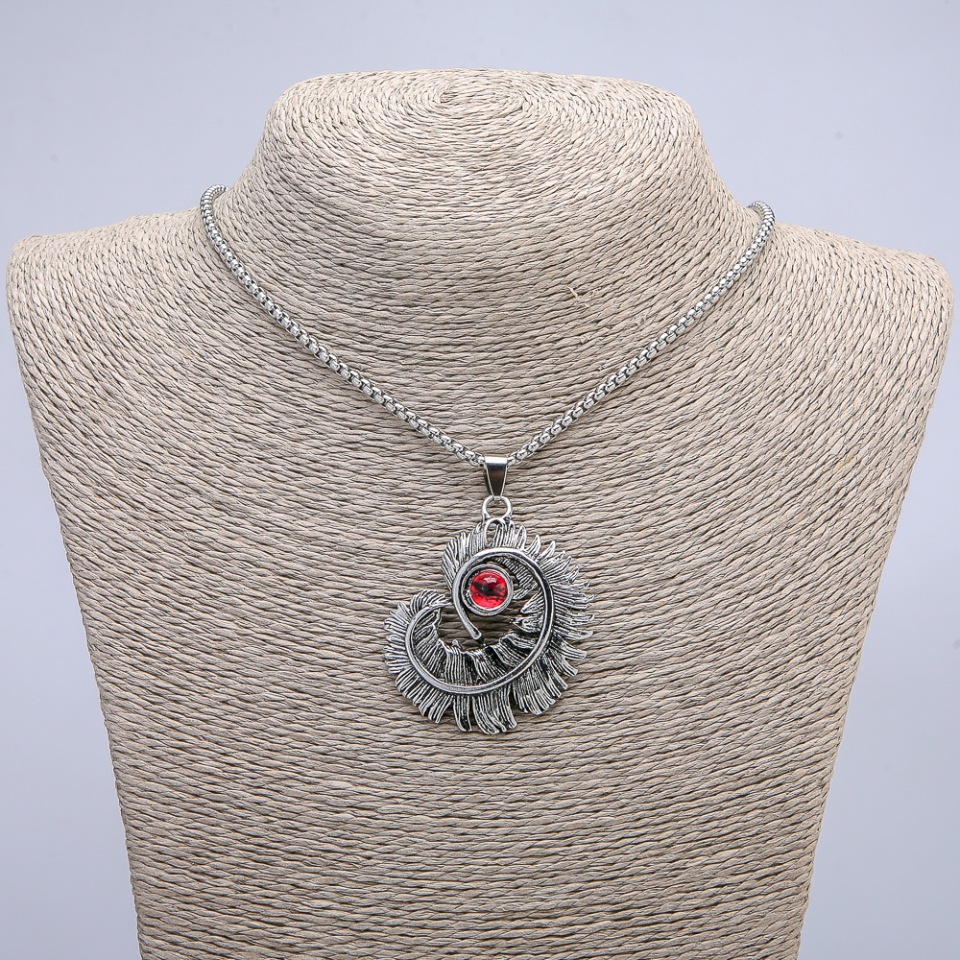 Pendant 'Feather with Dragon Eye' 50x40 mm on a chain, length 70 cm; silver-toned metal