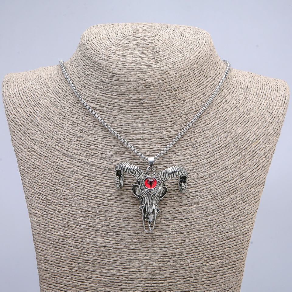 Pendant 'Goat Skull with Dragon Eye' 45×45 mm on a chain, length about 70 cm; silver-tone metal