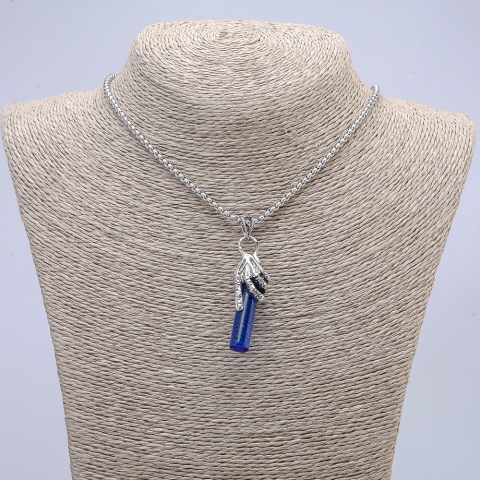 Pendant Hand with Blue Crystal, 50x10 mm, on chain, 65 cm length, silver metal
