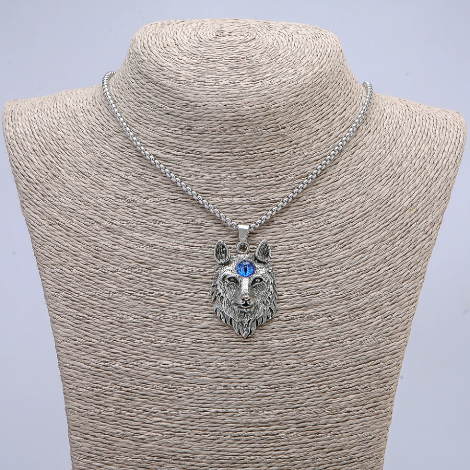 Wolf Talisman Pendant with Blue Eye, 29x47 mm on chain, 65 cm length, silver-tone