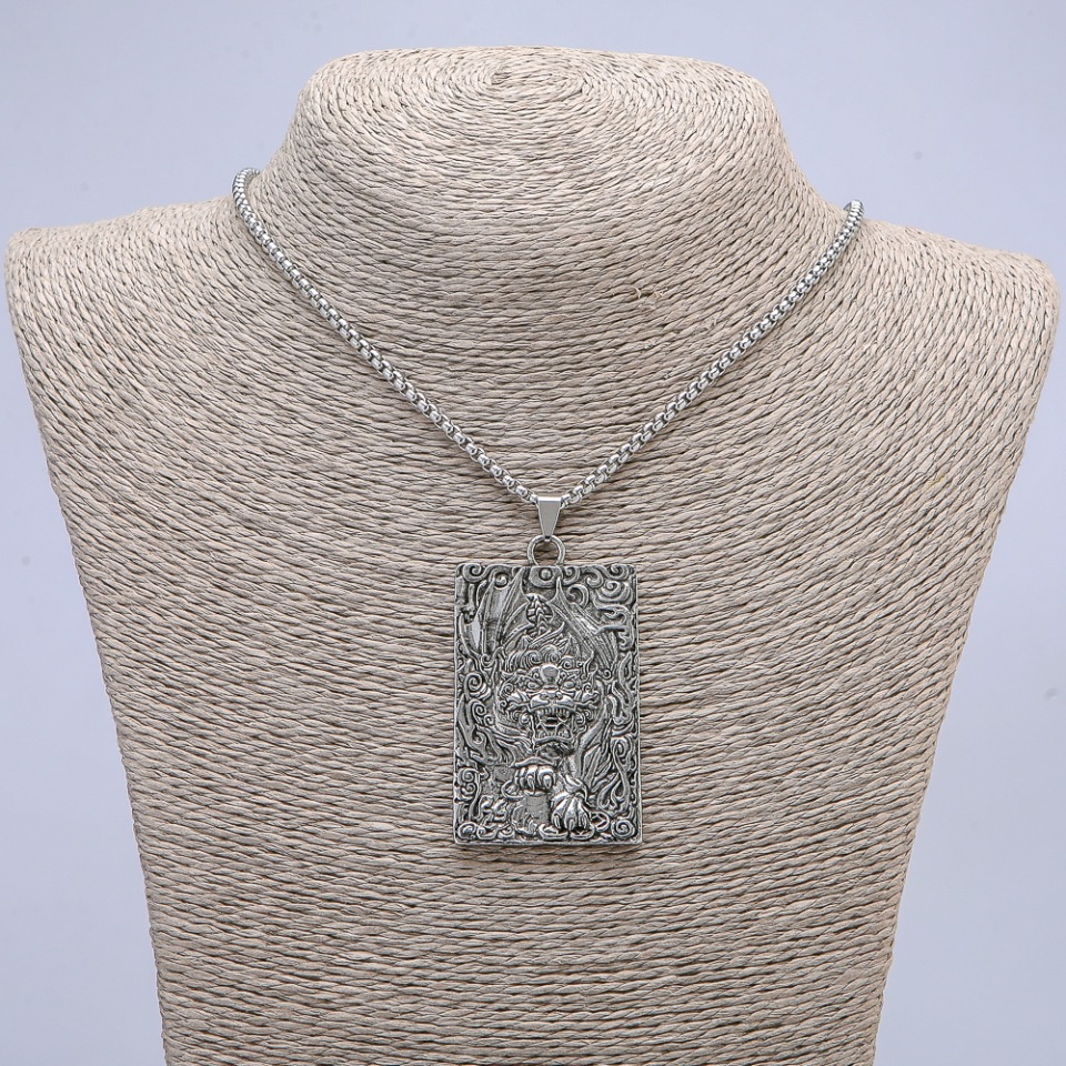 Pendant "Dragon" 66×35 mm on a chain, length 70 cm silver-colored metal
