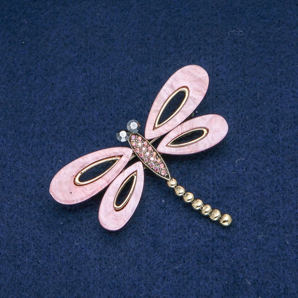 Brooch Butterfly pink mother-of-pearl, pink petrol and gray crystals, golden metal 62x45mm +