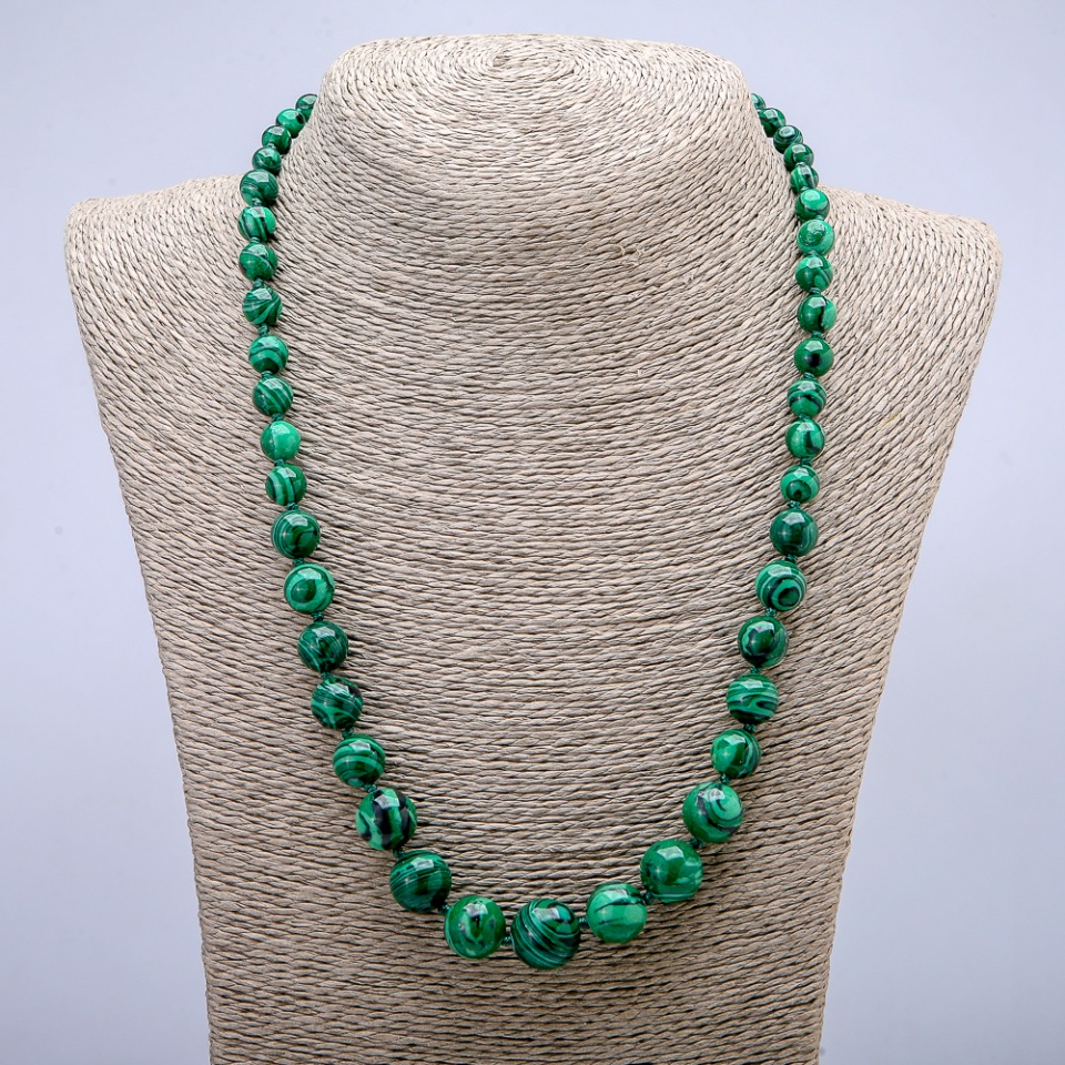 Malachite Necklace (pressed) smooth beads increasing from 6 to 14 mm, length 52 cm+