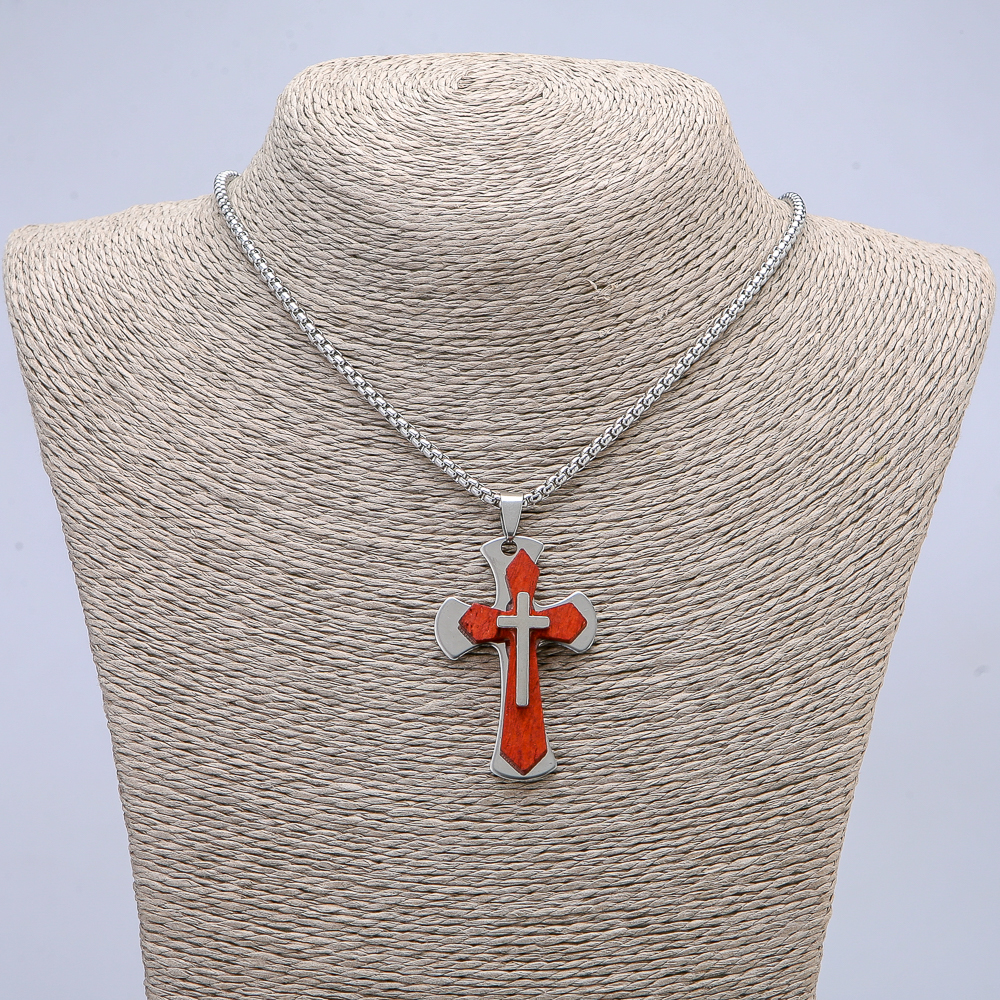 Pendant Cross 55×30 mm on chain, chain length 65 cm, silvery metal, wood