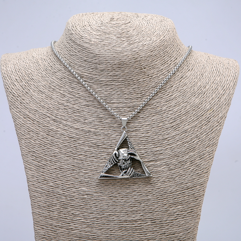 Pendant "Skull in a Triangle" 50×45 mm on a chain, length 70 cm silver-toned metal