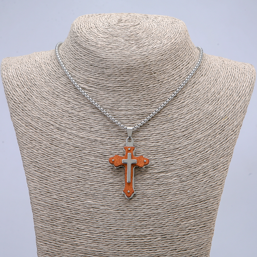 Pendant Cross 50x30mm on chain, length 65cm, silver-tone metal, wood