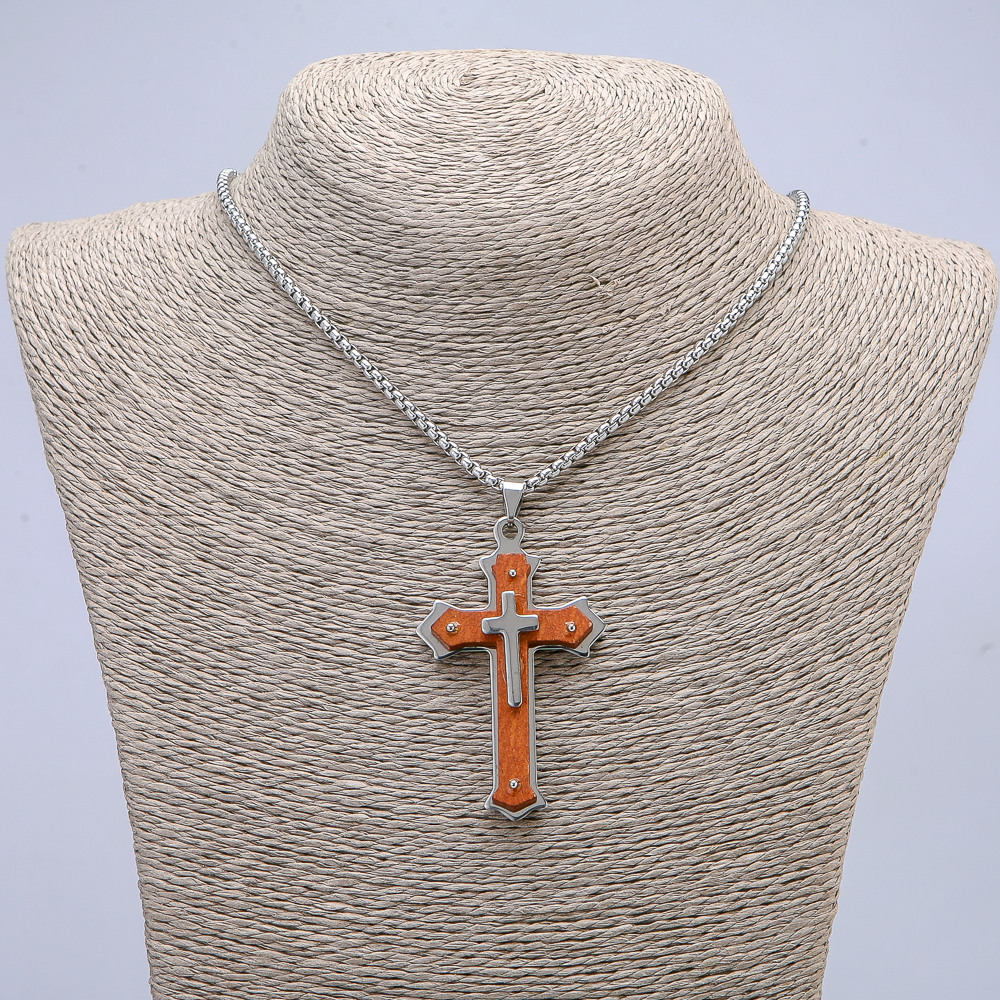 Pendant Cross 65×35 mm on a chain, 65 cm long, silver-colored metal, wood