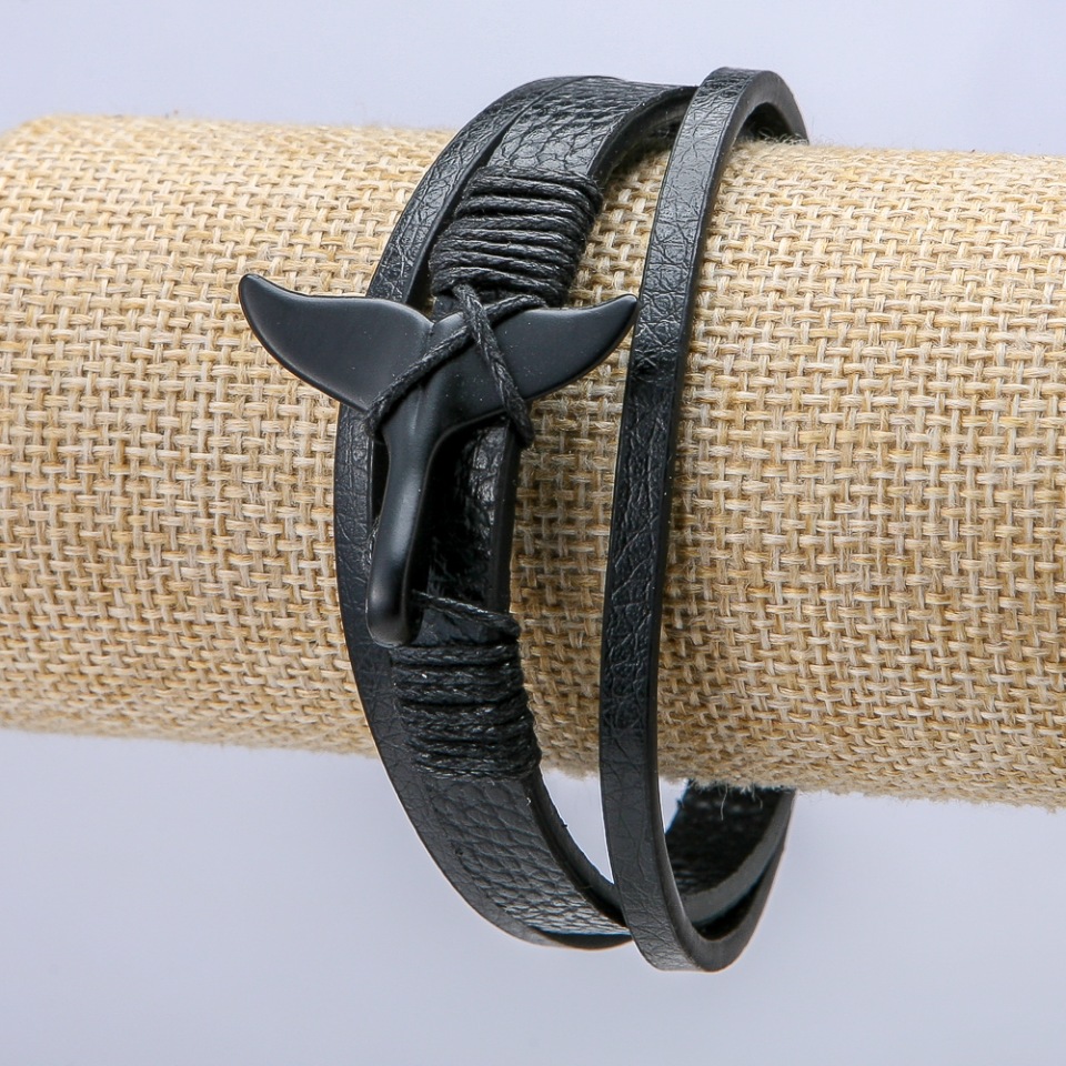 Men's bracelet 'Tail' made of black eco-leather, thickness 9mm ± black inserts, length 22cm