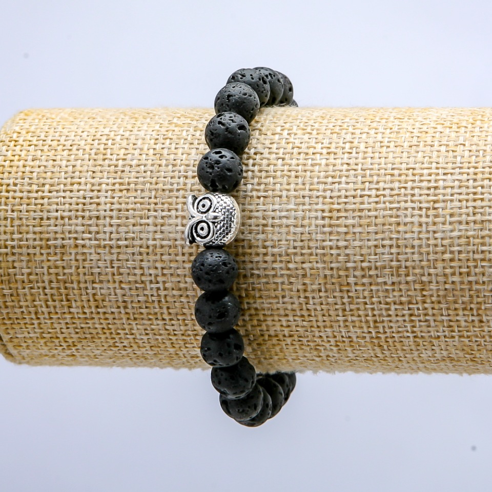 Elastic lava bracelet, 8 mm diameter ±, with an owl