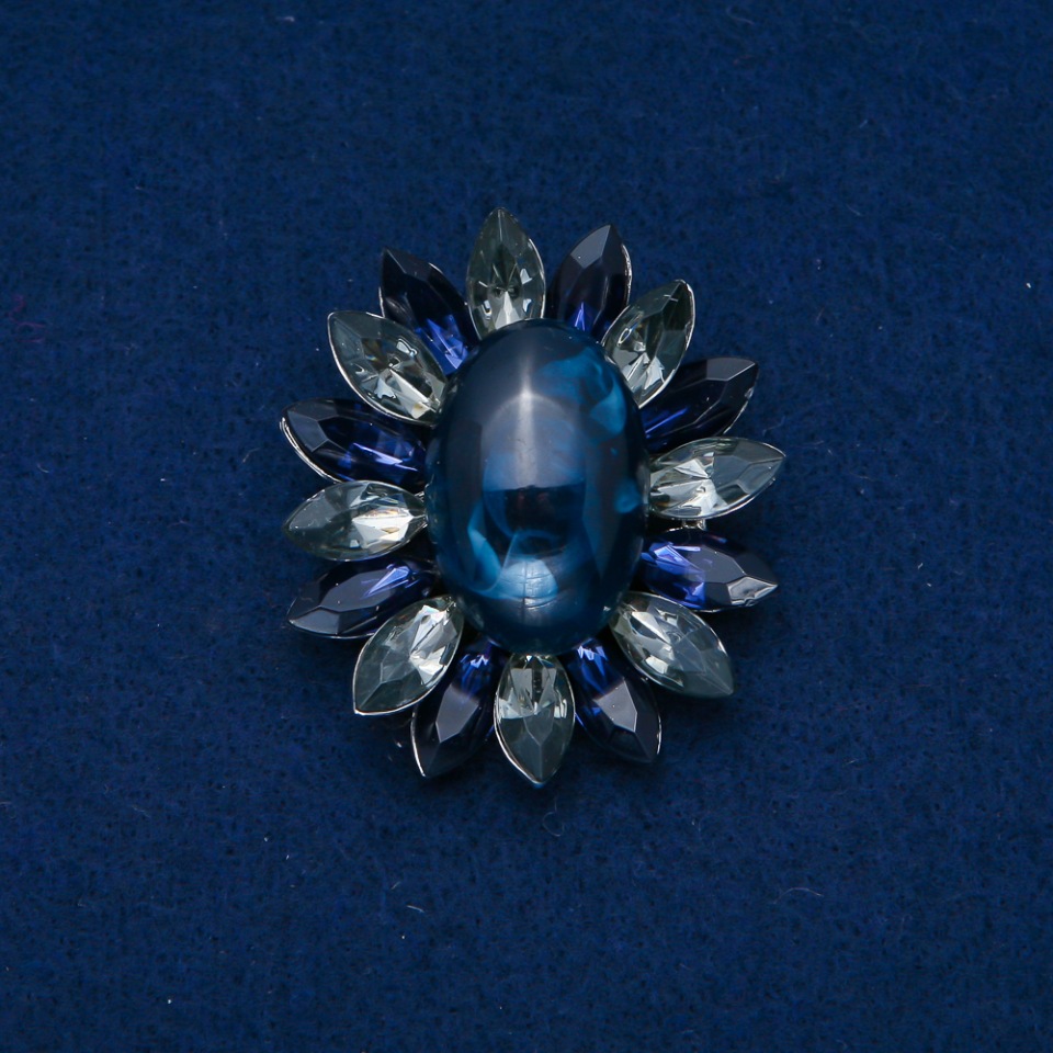 Flower Brooch 50x43 mm Cabochon Agate, blue and gray, silver-tone metal