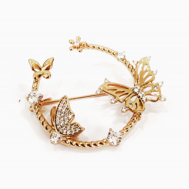 Xuping Brooch 18K Gold Plating, White and Petrol Rhinestones, Diameter 32×35 mm +