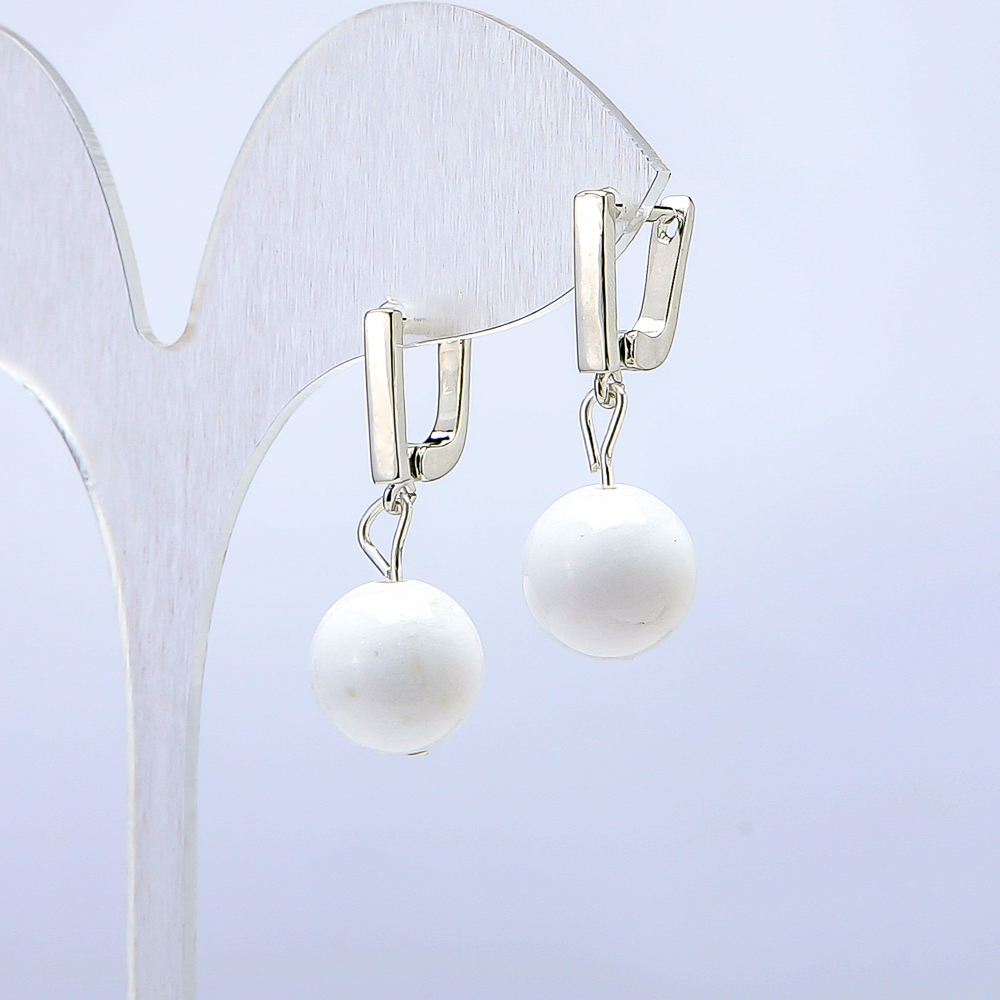 Earrings with White Agate, diameter 12 mm, length 2.5 cm