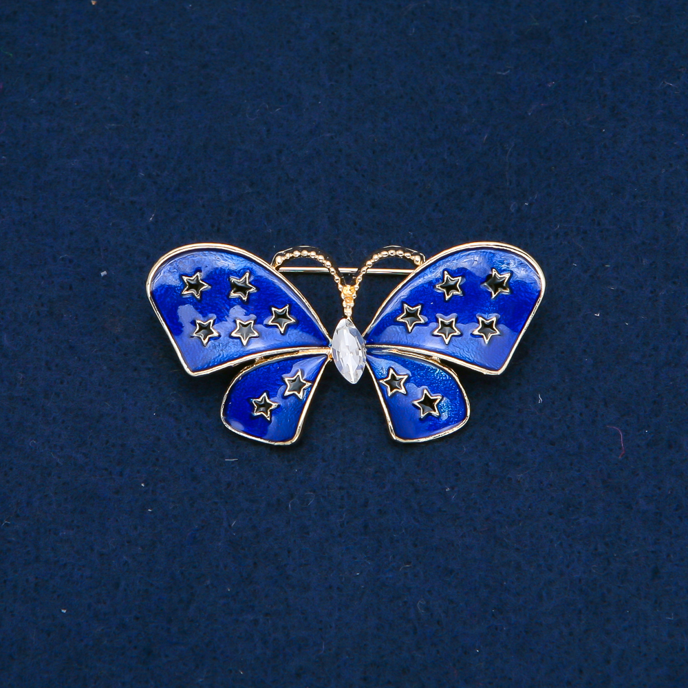 Butterfly Brooch in Gold-Tone Metal, Enamel, and White Rhinestone 48x24mm +