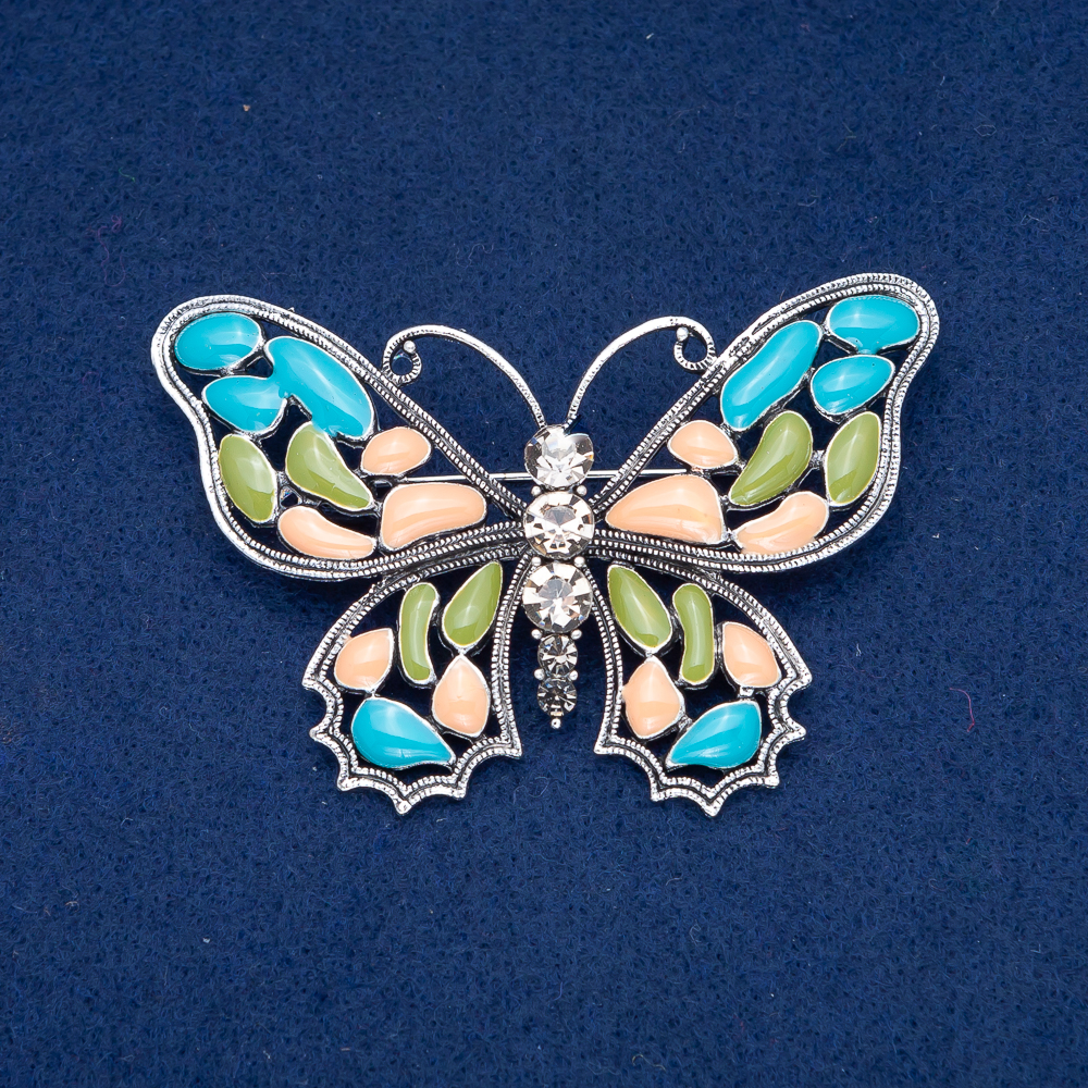 Brooch Butterfly, silver-tone metal, enamel and white crystals, 48x70 mm +