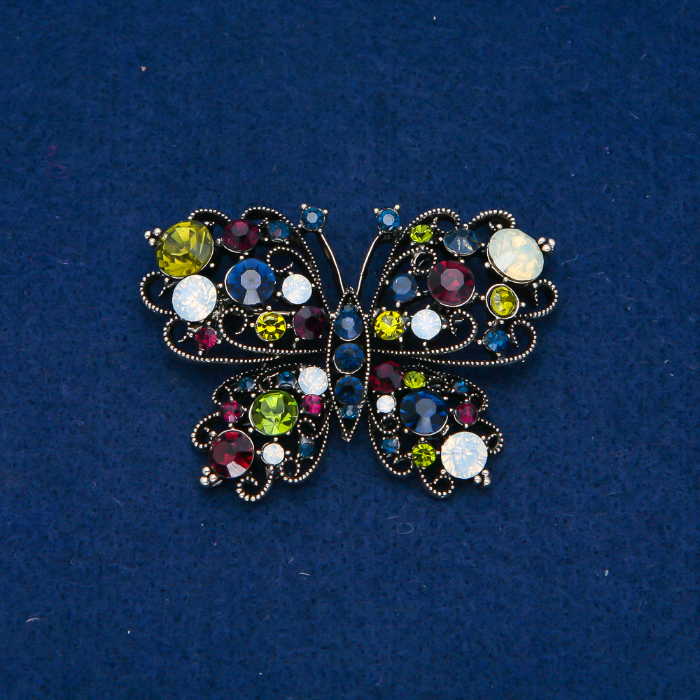 Butterfly Brooch in Dark Gold Metal with White Crystals, 38×54 mm