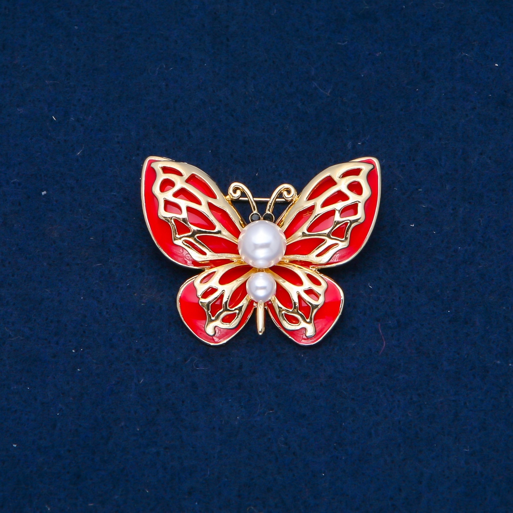 Butterfly Brooch in gold-tone metal, enamel and beads, 30x40mm +