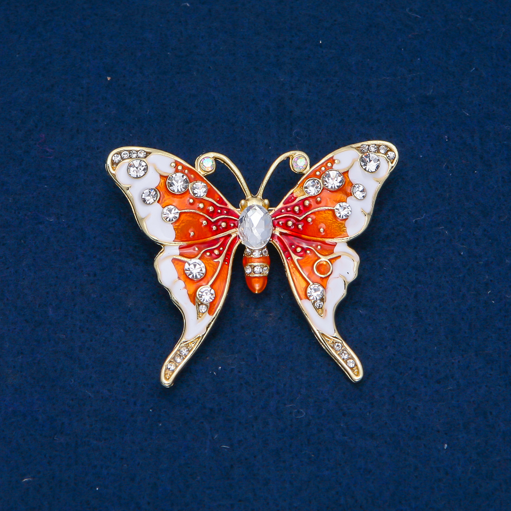 Butterfly Brooch in Gold-Tone Metal, Enamel, and White Rhinestones 43×52 mm +