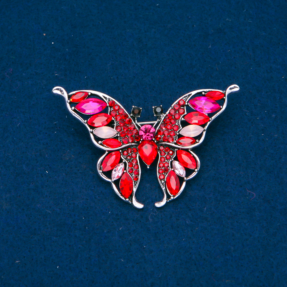 Butterfly Brooch, silver-colored metal, red, pink and white crystals, 37×60 mm +