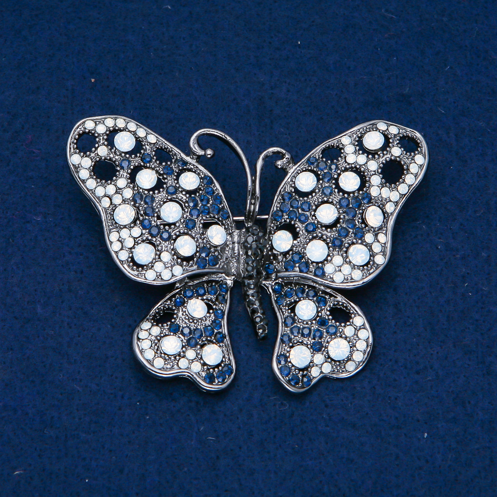 Brooch Butterfly, silver metal, black, blue and white rhinestones, 50×66 mm +