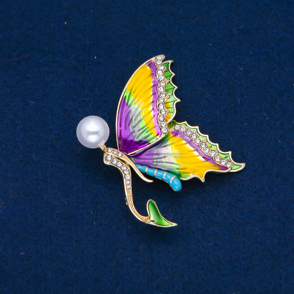 Butterfly Brooch in Gold-Toned Metal, Enamel, White Crystals and Bead, 53×44 mm