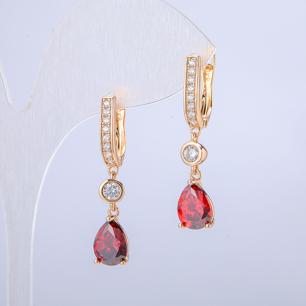 Earrings Xuping 18K Gold Plating with White Crystals and Red Crystals, diameter 8.8 mm + -, length 28 mm +