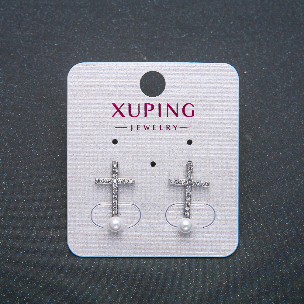 Cross Stud Earrings Xuping Rhodium-Plated with White Crystals and Bead