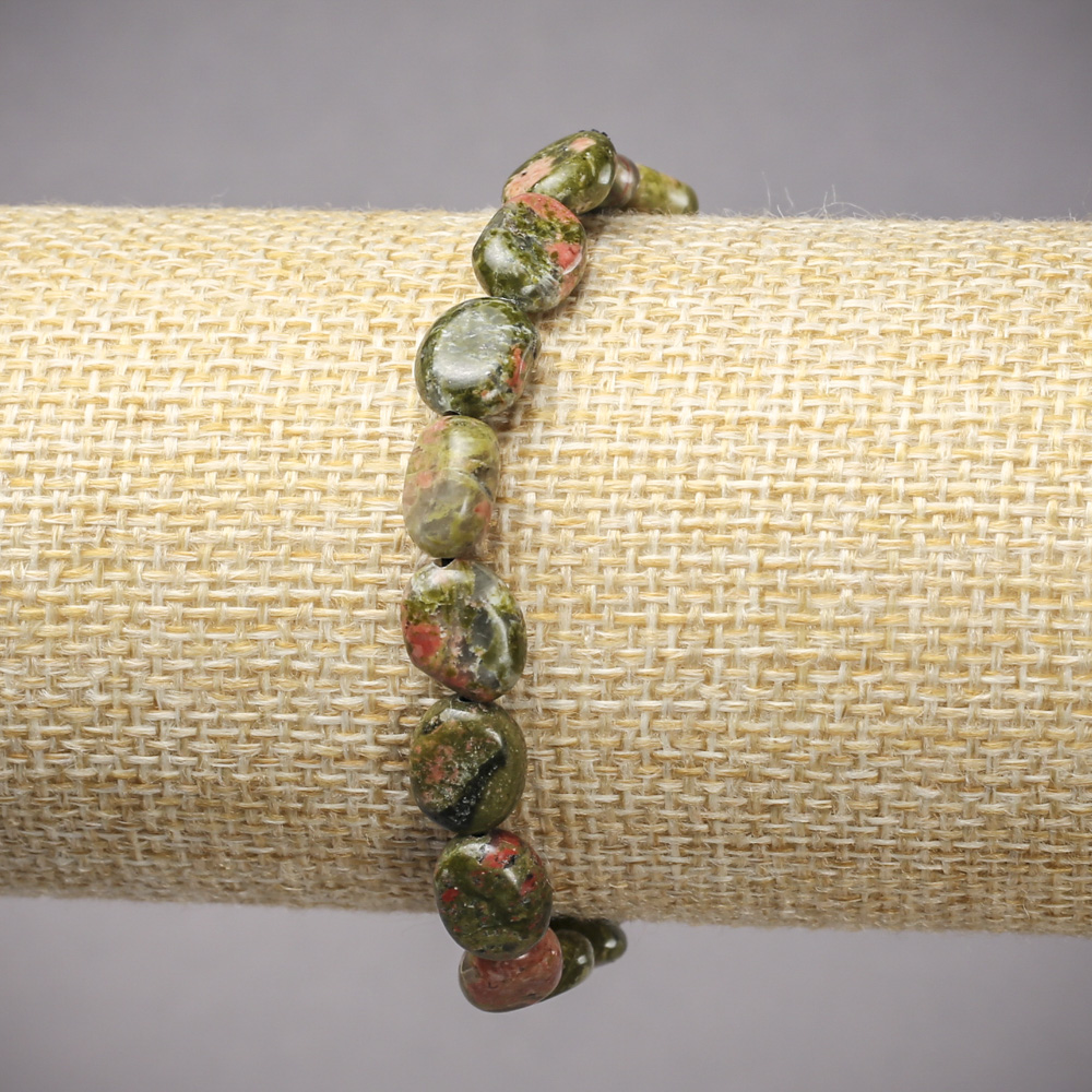 Elastic bracelet with natural stones: Jasper, Heliotrope, Unakite; smooth oval beads, 10x8 mm, length 18 cm