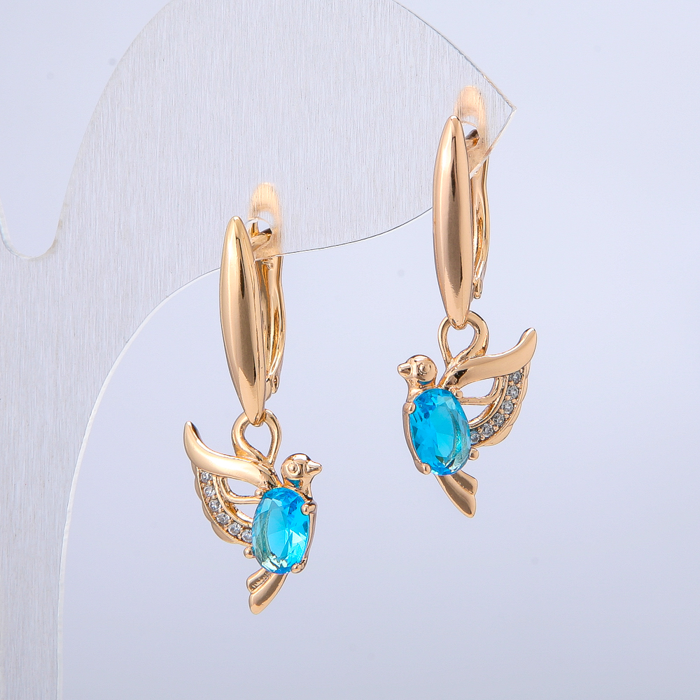 Earrings 'Birds' Xuping with 18K gold plating, white rhinestones and blue crystals, diameter 32x12 mm +