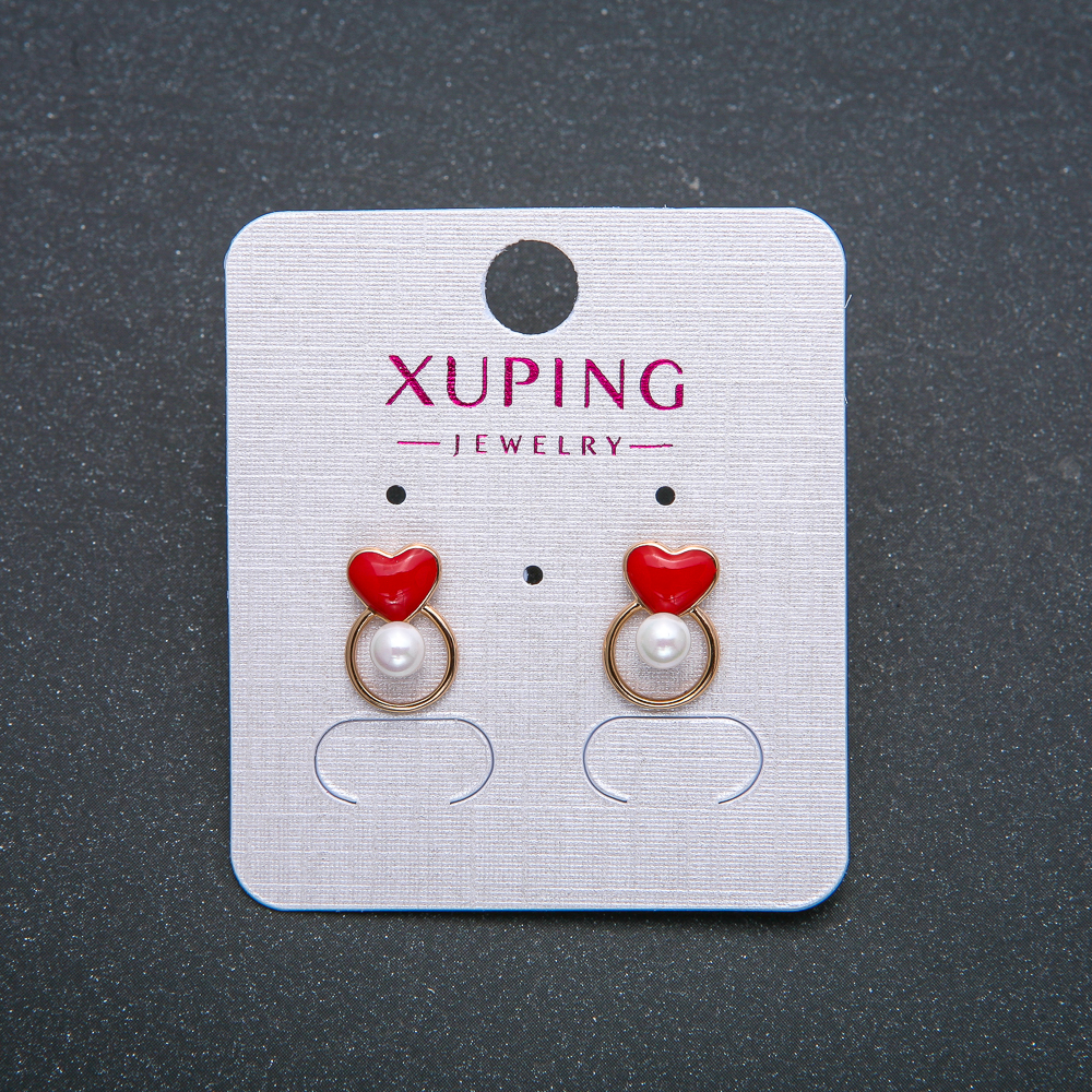 Heart-shaped Xuping Earrings - 18K Gold Plated Red Enamel and White Bead Stud Earrings, 12x8 mm