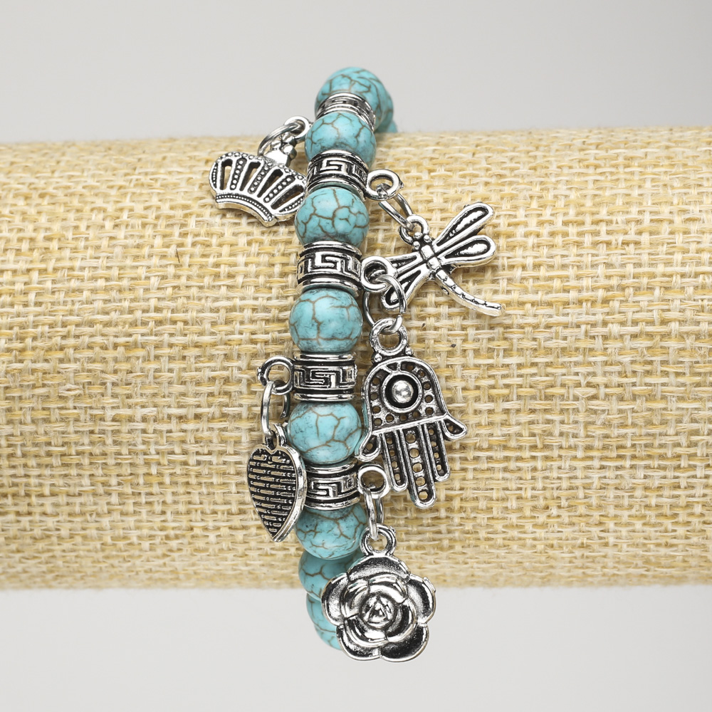 Turquoise Bead Bracelet (Imitation) on Elastic, 8 mm Diameter, with Silver Inserts and Pendants, Length 18 cm+