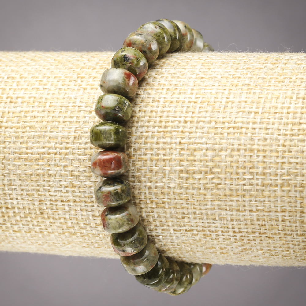 Elastic bracelet with jasper, heliotrope, and unakite, smooth rondel beads, diameter 9×7 mm+