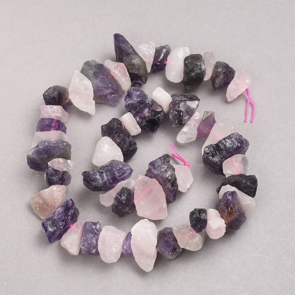 Unpolished stone beads Pink Quartz and Amethyst on thread with a crimp bead, diameter 12x20 mm ±, length 42 cm ±