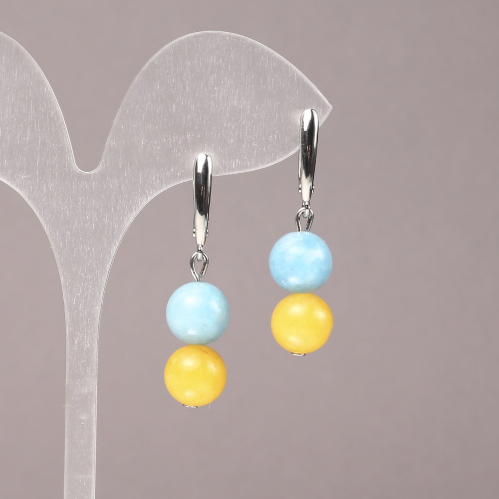 Earrings with natural stones Aquamarine and Citrine, diameter 10 mm, length 40 mm