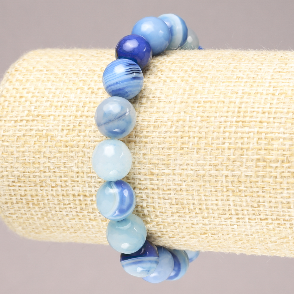 Elastic bracelet with natural stone, light-blue agate, faceted bead, 10 mm diameter