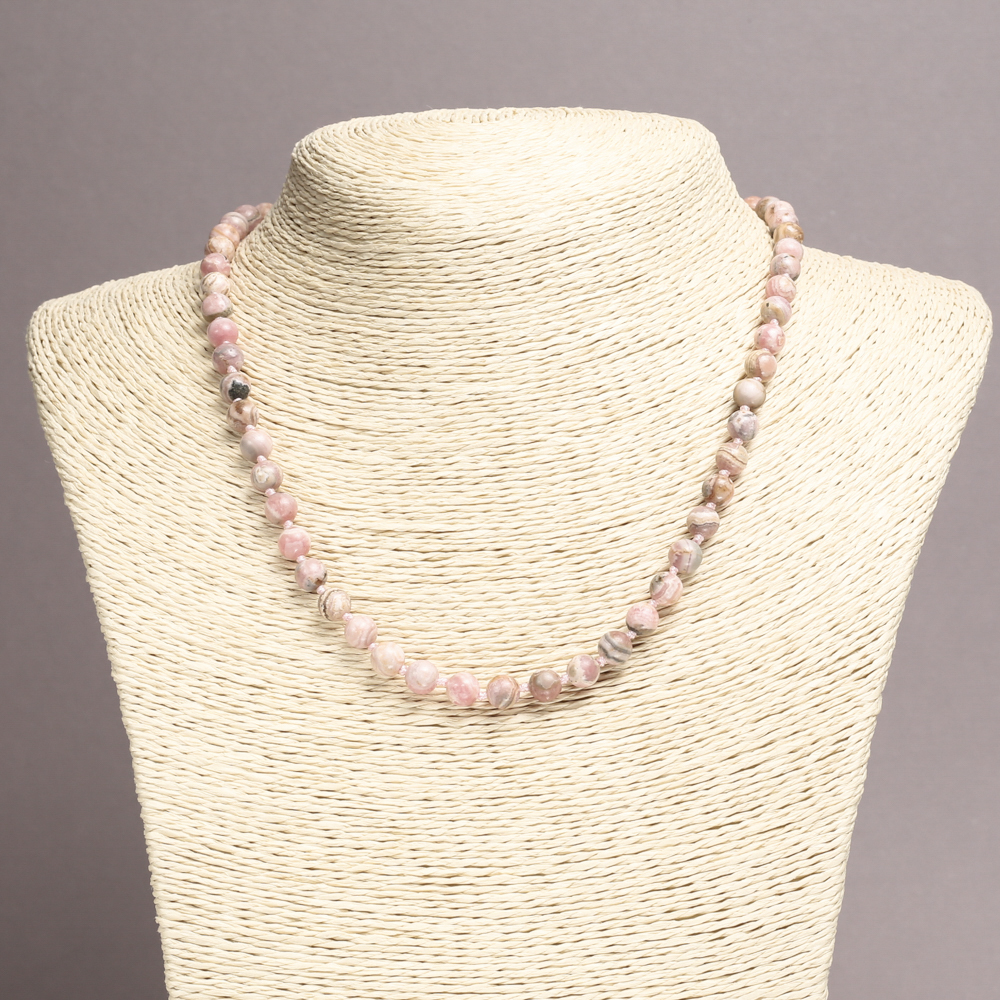 Rhodochrosite natural stone necklace with smooth beads, 6.5 mm diameter, length 45 cm