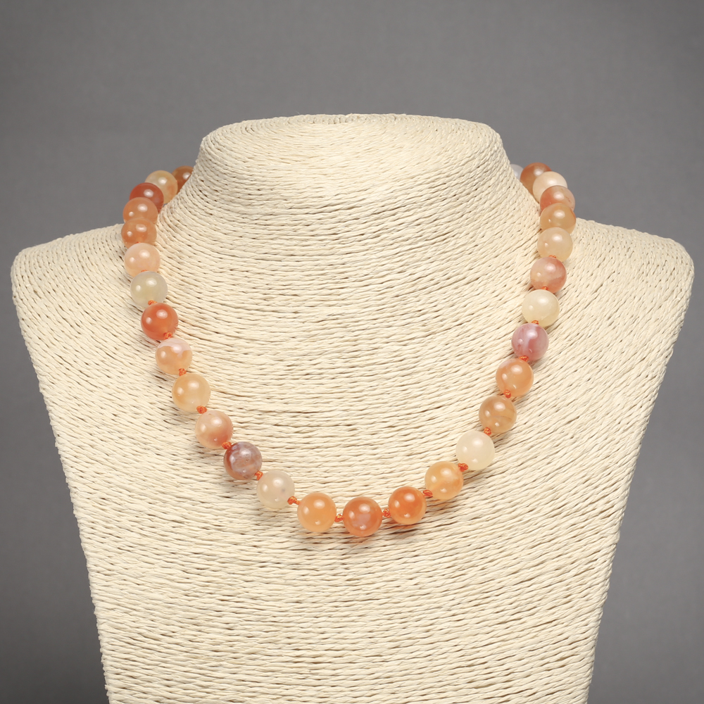 Orange agate natural stone necklace, smooth beads, diameter 10.5 mm, length 45 cm