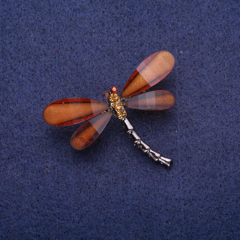 Dragonfly Brooch with Brown Crystals, Silver-Toned Metal 32x43 mm