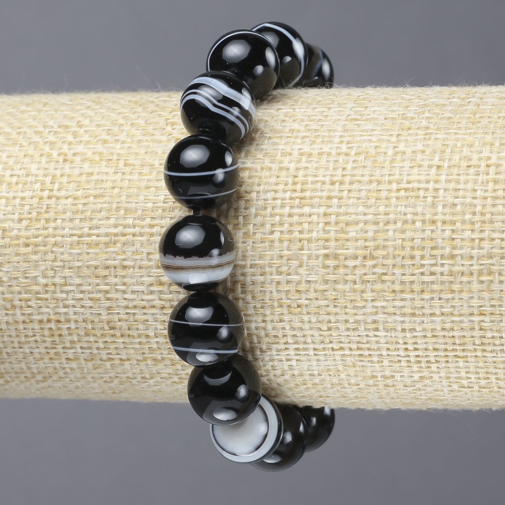 Elastic bracelet with natural agate stone, smooth bead, 12 mm diameter+